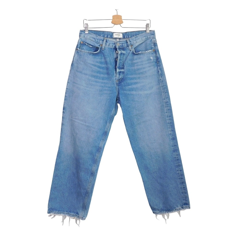 AGOLDE 90s Crop Mid Rise Straight Leg Jeans Essence Blue Raw Hem A173E-1371 29